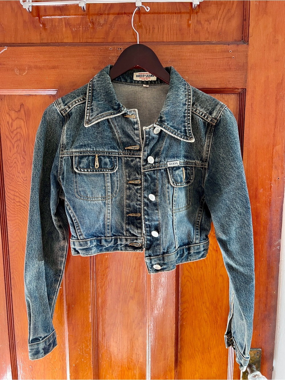 Vintage Guess Women's Cropped Denim/Jean Jacket in Washed Blue